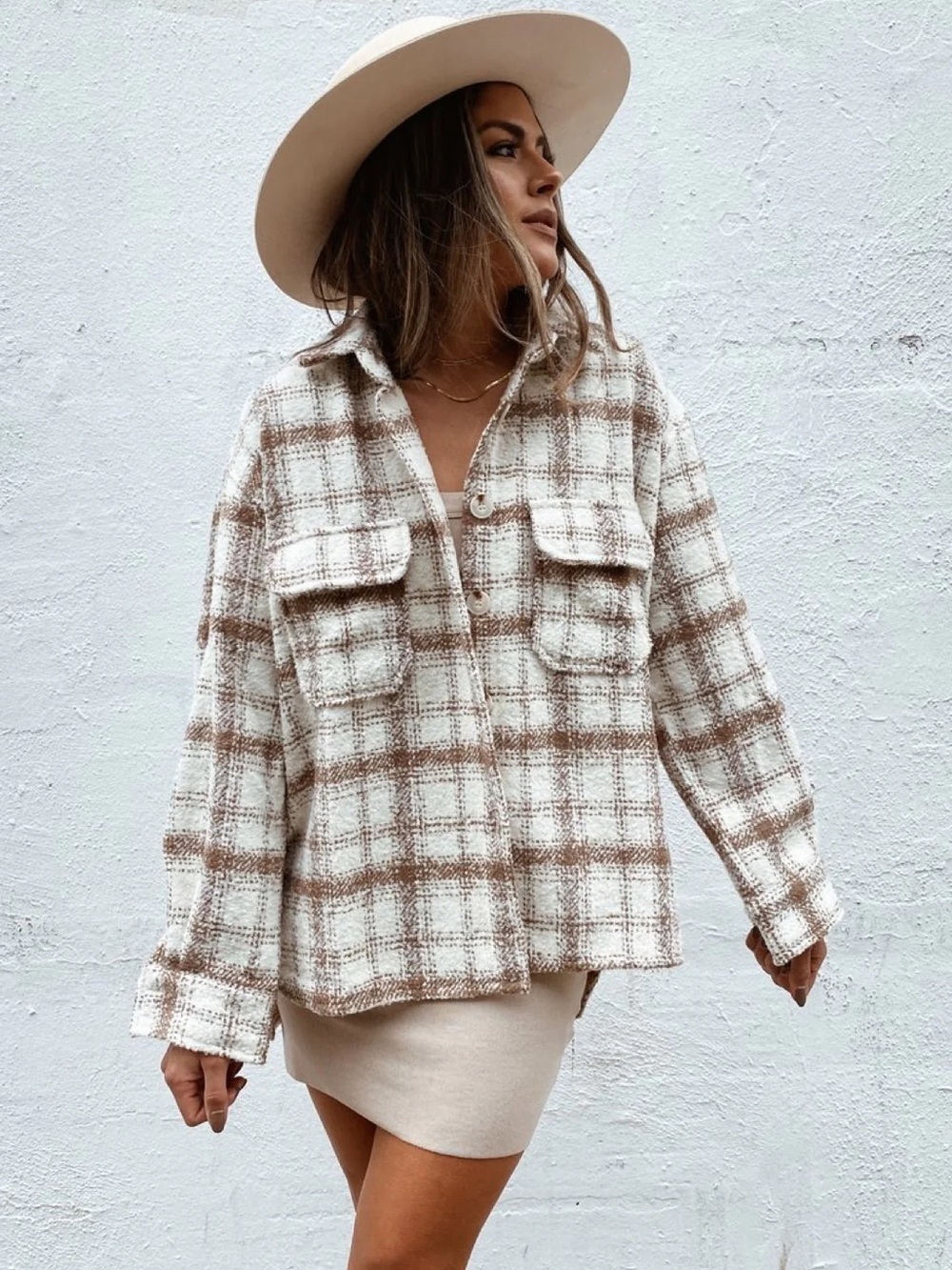 12th Tribe Cream & Brown Plaid Utility Jacket